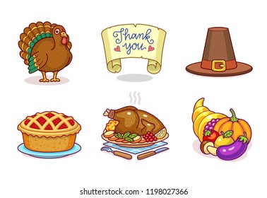 A Collection Set Of Thanksgiving Vector Virtual Gifts: Turkey, Thank You Note, Piligrim Hat, Pumpkin Pie, Dinner Plate, Cornucopia