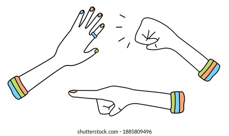 A collection set of three various gestures. Knocking hand, pushing palm and pointing finger. Vector illustration in funny hipster doodle cartoon line style. Can be used as icon, symbol or a logo