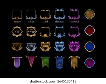 collection set of tier rank badge and border frame, with shield, banner flag, rounded shape in gold, silver, bronze, platinum, diamond and dragon tier
