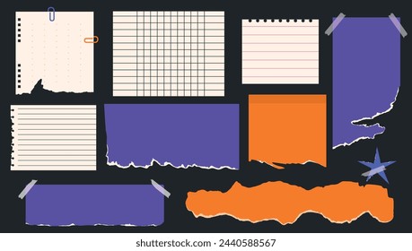 Collection and set of torn sheets of paper. Collage in trendy design and vibrant colors. Elements and figures. scrapbook and notepad. Vector illustration.