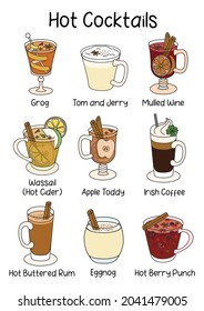 A collection set of traditional hot warm cocktails. A4 standard paper size vector illustration good for poster or card in stylish doodle cartoon hipster style. Christmas winter or autumn warm drinks.