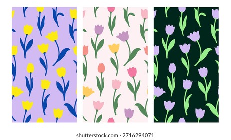 Collection set tulip flower seamless pattern, fun design for kids clothes, background, cover, fabric, textile, wallpaper.
