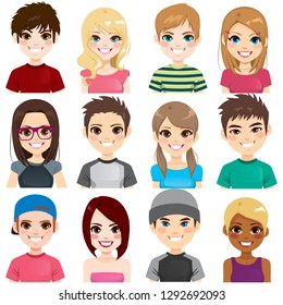 Collection set of twelve different group teenager people avatar portraits smiling