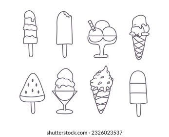 Collection set of unfilled outline icecream summer hand drawn icon sketches. Vector illustrations for ice cream stores, cafes, menus