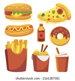 Collection of Set unhealthy junk food or fast food drawing in cartoon style, vector illustration