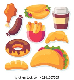 Collection of Set unhealthy junk food or fast food drawing in cartoon style, vector illustration