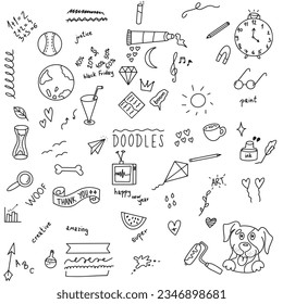 A collection set various doodles.This set contain stars,hearts,typography,food,earth,diamond and much more.Isolated on white background,vector illustration eps10