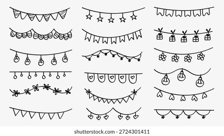 Conjunto de colecciones de varios divisores de doodle dibujados a mano y banderas de bunting con estrellas, corazones y luces de fiesta en estilo sketchy blanco y negro.