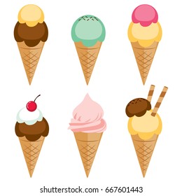Collection set of various tasty flavored ice cream cones