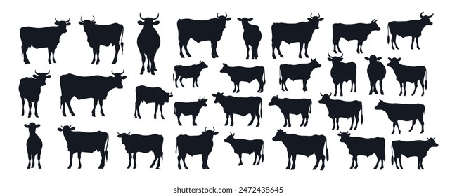 collection set vector cow cartoon silhouette icon illustration isolated on white background. Hand drawn vector illustration.	