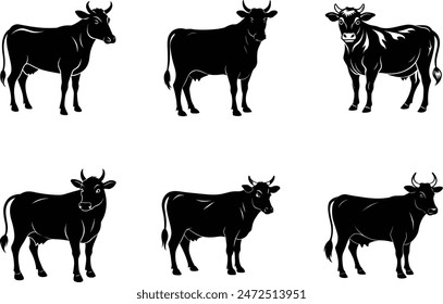 collection set vector cow cartoon silhouette icon illustration 