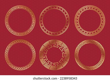 Collection Set vector decorative Traditional circle golden border round frame embellishment to celebrate Chinese new year festival. floral meander pattern Oriental Asian line pattern ornament style.