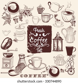 Collection or set of vector hand drawn coffee elements for design