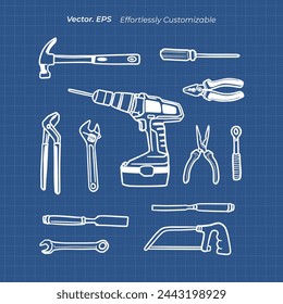 Collection set vector Icons equipment part building Engineer drawing style art blue print 