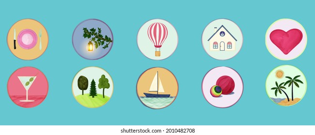 colección de íconos vectoriales para instagram para crear historias resaltados dibujados al estilo de las acuarelas con la imagen de un velero, globo, casa, vidrio martini, bolas, ramas con un lante ardiente