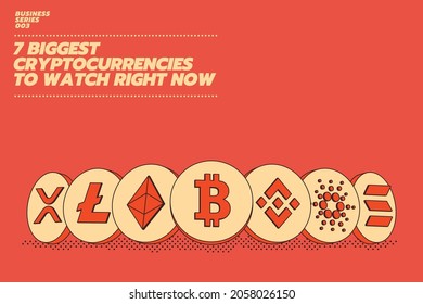 Collection or set of vector illustration flat design of crypto currencies with bitcoin in front of other crypto currencies as leader isolated on solid colour background.