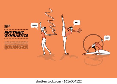 Collection set of vector illustration of rhythmic gymnastics, a girl performing with a ribbon, a ball and a hoop.