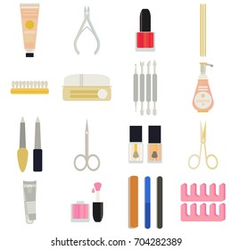 A collection set vector of manicure accessories - nail files, manicure tools, nail scissors, tweezers, nail polish, hand cream, nail polish remover, brush. Illustration manicure spa salons, body care.