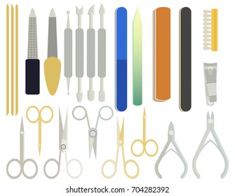 A collection set vector of manicure accessories - nail files, manicure tools, nail scissors, tweezers, nail polish, sticks.  nail polish remover, brush. Illustration manicure spa salons, body care.