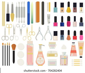 A collection set vector of manicure accessories - nail files, manicure tools, nail scissors, tweezers, nail polish, hand cream, nail polish remover, brush. Illustration manicure spa salons, body care.