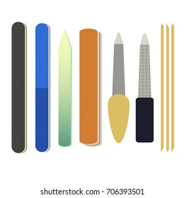 A collection set vector of manicure accessories - nail files, manicure tools, nail scissors, tweezers, nail polish, sticks. hand cream, brush. Illustration for manicure spa salons, body care.