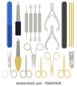A collection set vector of manicure accessories - nail files, manicure tools, nail scissors, tweezers, nail polish, sticks. hand cream, brush. Illustration for manicure spa salons, body care.