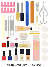 A collection set vector of manicure - nail files, manicure tools, nail scissors, tweezers, nail polish, sticks. hand cream, nail polish remover, brush. Illustration for manicure spa salons, body care.