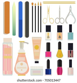 A collection set vector of manicure - nail files, manicure tools, nail scissors, tweezers, nail polish, sticks. hand cream, nail polish remover, brush. Illustration for manicure spa salons, body care.