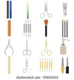 A collection set vector of manicure - nail files, manicure tools, nail scissors, tweezers, nail polish, sticks. hand cream, remover, brush. Illustration for manicure spa salons, body care.