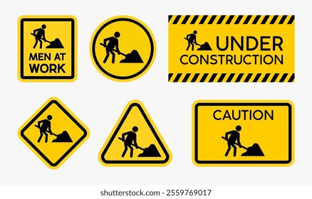 Collection set vector of under construction sign, men at work sign, road works sign, caution sign, in black and yellow design.