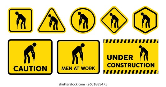 Collection set vector of under construction sign, men at work sign, road works sign, caution sign, in black and yellow design.