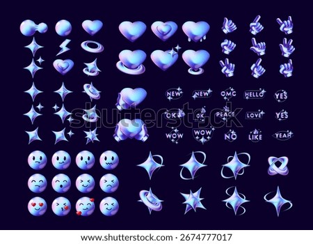Collection Set of Vibrant 3D Holographic Vector Icon Elements — Star Sparkle, Emoticon, Heart, and Gesture Hand Symbols for Modern Design and Digital Assets