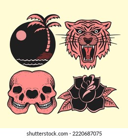 Collection set vintage Doodle Illustration hand drawn sketch colorful for tattoo, stickers, etc