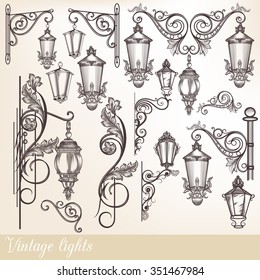 Collection or set of vintage hand drawn lights street lamps in engraved retro style