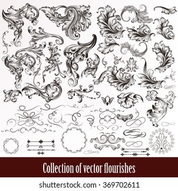 A collection or set of vintage styled flourishes  filigree drawn