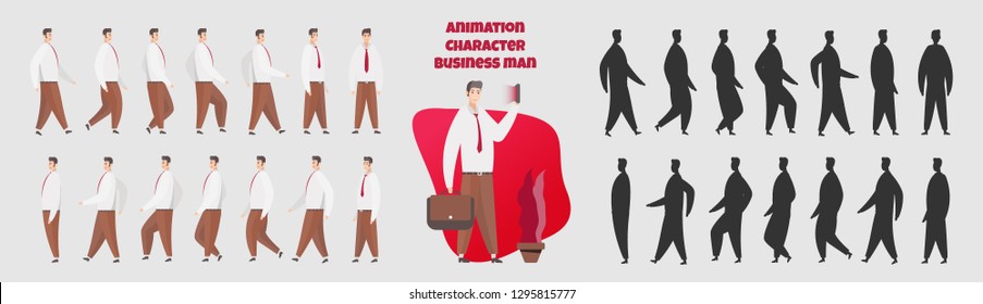 Collection set of Walking businessman. sprite frame loop. Walk. Active. Variety of movements. Flat Character cartoon style. front view, haft front view, Side view. Simple design. Vector.