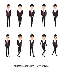 Collection set of Walking businessman. sprite frame loop. Walk. Active. Variety of movements. Flat Character cartoon style. front view and haft front view. Simple design. Vector