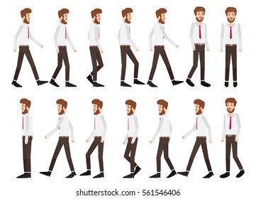Collection set of Walking businessman. sprite frame loop. Walk. Active. Variety of movements. Flat Character cartoon style. front view, haft front view, Side view. Simple design. Vector