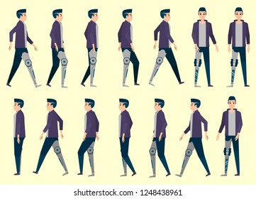 Collection set of Walking Disabled people use artificial limbs with AI system. sprite frame loop. Walk Active. Variety of movements. Flat Character cartoon style. front view, Oblique view. side view.