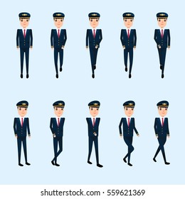 Collection set of Walking pilot. sprite frame loop. Walk. Active. Variety of movements. Flat Character cartoon style. front view and haft front view. Simple design. Vector