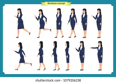 Collection set of walking and running business woman.Walk, run, like, dislike.Variety of movements. Flat Character cartoon style, Side view, haft front view,Vector design isolated. Business people