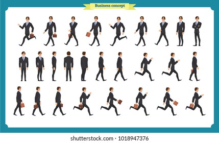 Collection Set Of Walking And Running Businessman. Walk, Run, Active. Variety Of Movements. Flat Character Man Cartoon Style, Side View, Haft Front View,Vector Design Isolated Vector. Business People