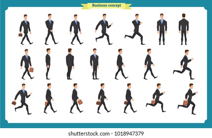 Collection set of Walking and running businessman. Walk, run, active. Variety of movements. Flat Character man cartoon style, Side view, haft front view,Vector design isolated vector. Business people