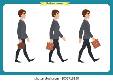 Collection set of Walking and running businessman. Walk, run, active. Variety of movements. Flat Character man cartoon style, Side view,Vector design isolated vector. Business people