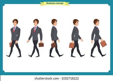 Collection set of Walking and running businessman. Walk, run, active. Variety of movements. Flat Character man cartoon style, Side view,Vector design isolated vector. Business people