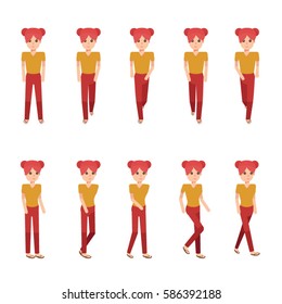 Collection set of Walking Woman. sprite frame loop. Walk. Active. Variety of movements. Flat Character cartoon style. front view and haft front view. Simple design. Vector