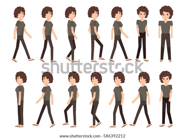 歩く女性のコレクションセット スプライトフレームループ 歩く アクティブ さまざまな動き Flat Character Cartoonスタイル 正面 図 左正面図 側面図 シンプルなデザイン ベクター画像 のベクター画像素材 ロイヤリティフリー