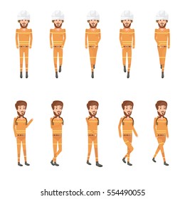 Collection set of Walking worker. sprite frame loop. Walk. Active. Variety of movements. Flat Character cartoon style. front view and haft front view. Simple design. Vector