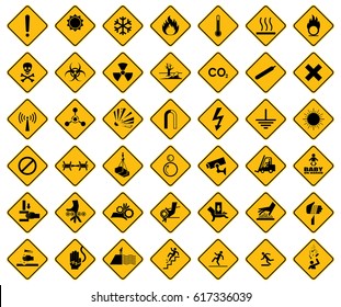  Collection set of warning sign on yellow background. Danger sign, symbol, illustration