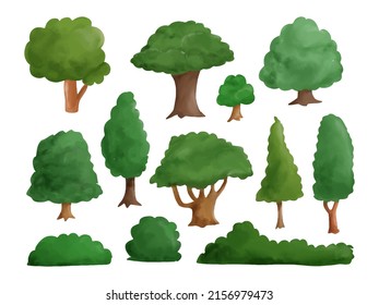 Collection set of watercolor trees illustration. Hand draw big green tree and bush vector clip art